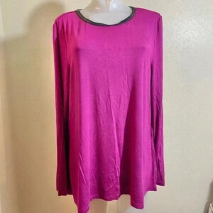G Giuliana Size M Fuschia Pink Jersey Knit Top Faux Leather Trim Long Sleeve Tee